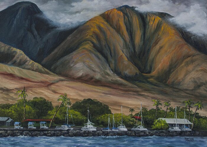 Landscape Greeting Card featuring the painting Golden Light West Maui by Darice Machel McGuire