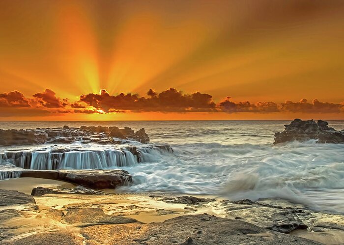 Oahu Sunset Ocean Shorebreak Seascape Clouds Fine Art Photography Greeting Card featuring the photograph Golden Rays by James Roemmling