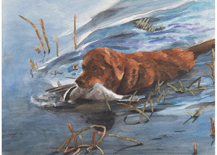 Www.miketheuer.com Golden Retriever With Duck Watercolor Portrait Greeting Card featuring the drawing Golden Retriever With Duck by Mike Theuer