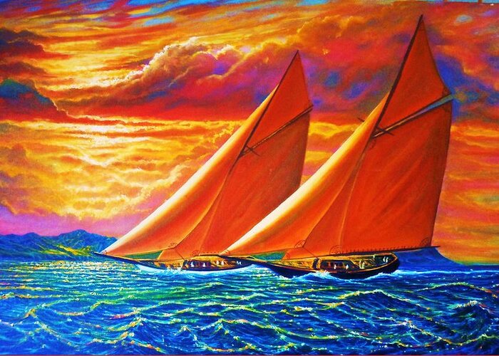 Seascape Greeting Card featuring the painting Golden Sails by Joseph Ruff