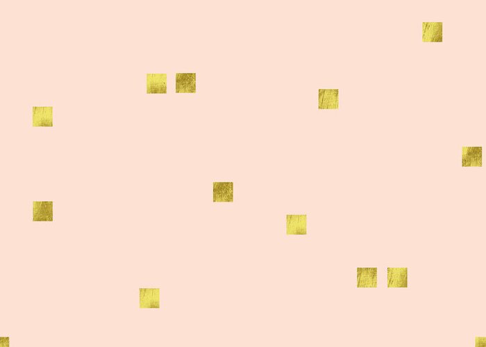 Minimalist Greeting Card featuring the digital art Golden scattered confetti pattern, baby pink background by Tina Lavoie
