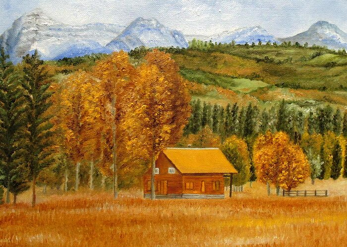 Autumn Greeting Card featuring the painting Golden Season by Angeles M Pomata