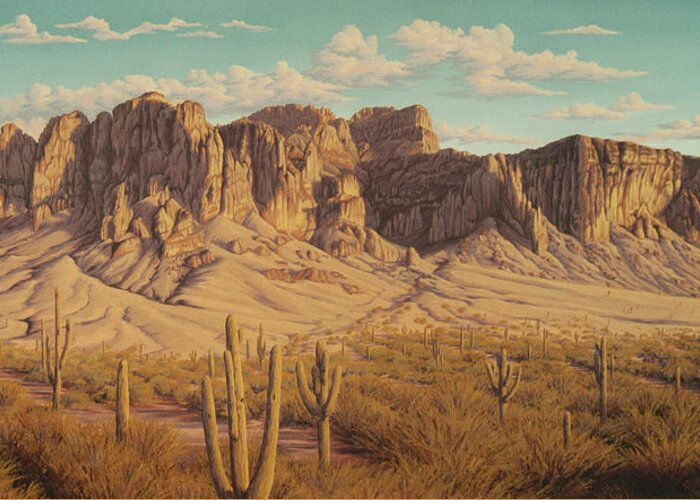 Landscape Greeting Card featuring the painting Golden Superstitions by Cheryl Fecht