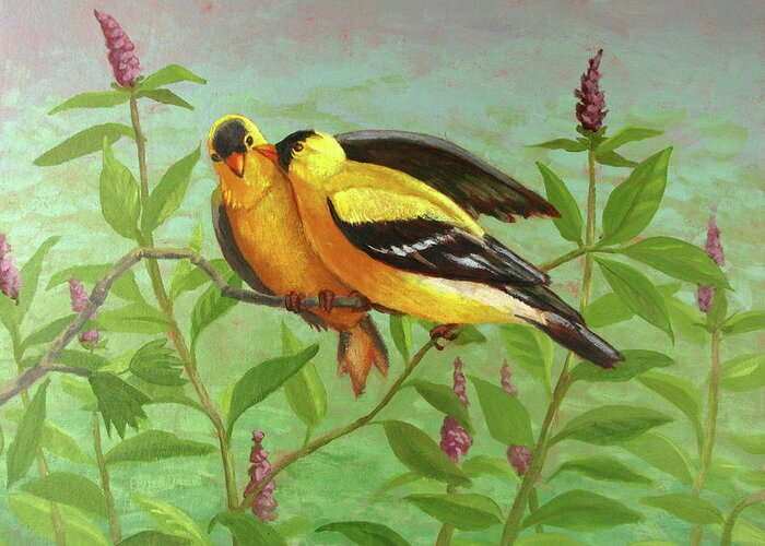 Yellow Greeting Card featuring the painting Goldfinch Love by Don Morgan
