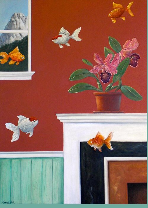 Flying Fish Greeting Card featuring the painting Goldfish in the House by Gerry High