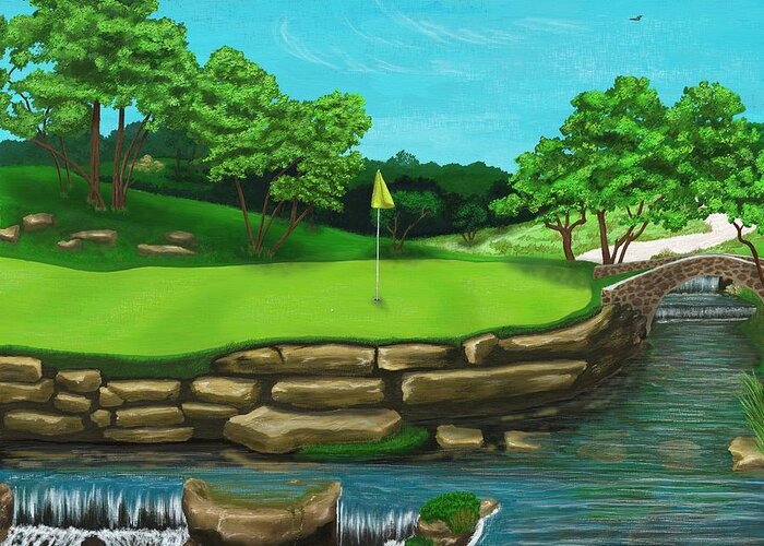 Golf Greeting Card featuring the digital art Golf Green Hole 16 by Troy Stapek