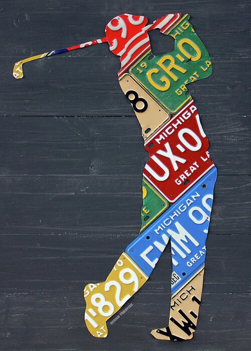 Golfer Greeting Card featuring the mixed media Golfer Silhouette Recycled Vintage Michigan License Plate Art by Design Turnpike