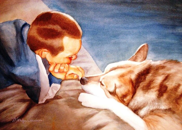 Boy & Dog Greeting Card featuring the painting Goodbye Misty by Marilyn Jacobson