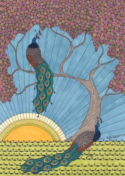 Peacock Greeting Card featuring the drawing Grace and Beauty by Pamela Schiermeyer