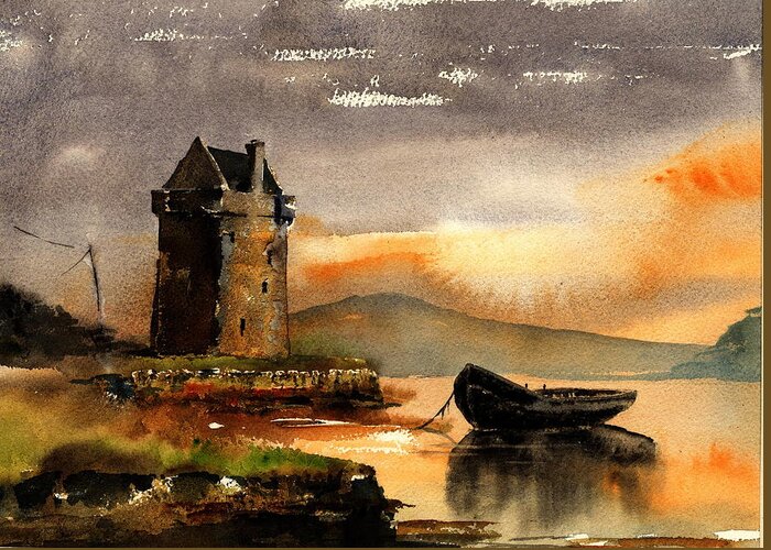  Wild Atlantic Way Greeting Card featuring the painting MAYO.  Grace O' Malley's Castle, Rockfleet. by Val Byrne