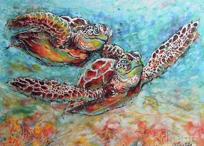Marine Turtles Greeting Card featuring the painting Sea Turtle Buddies by Jyotika Shroff