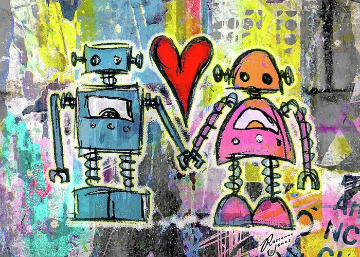 Globus Junction dynamisk Graffiti Pop Robot Love Greeting Card by Roseanne Jones