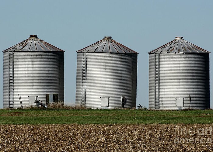 Agriculture Greeting Card featuring the photograph Grain Bins In A Row by Alan Look
