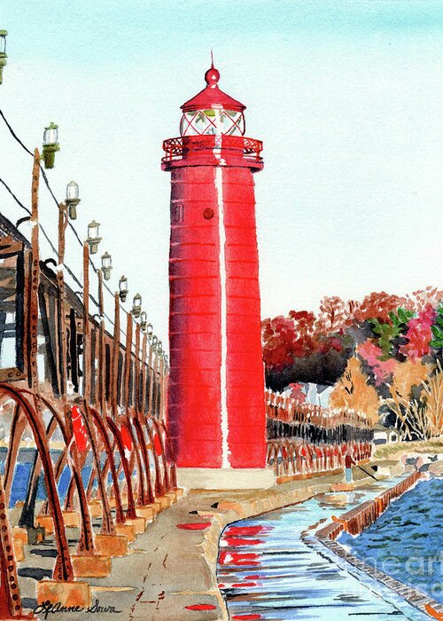 Lighthouse Paintings Greeting Card featuring the painting Grand Haven Autumn by LeAnne Sowa