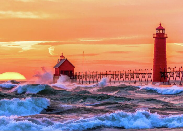 Grand Haven Greeting Card featuring the painting Grand Haven Lighthouses by Christopher Arndt