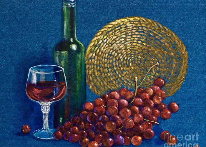 Still-life Greeting Card featuring the painting Grapes and Wine by AnnaJo Vahle
