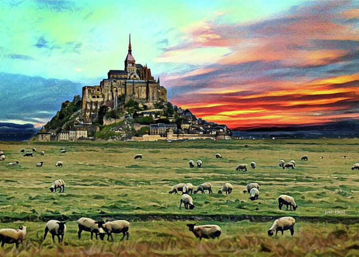 Sheep Greeting Card featuring the digital art Grazing at Mont Saint Michel by Russ Harris