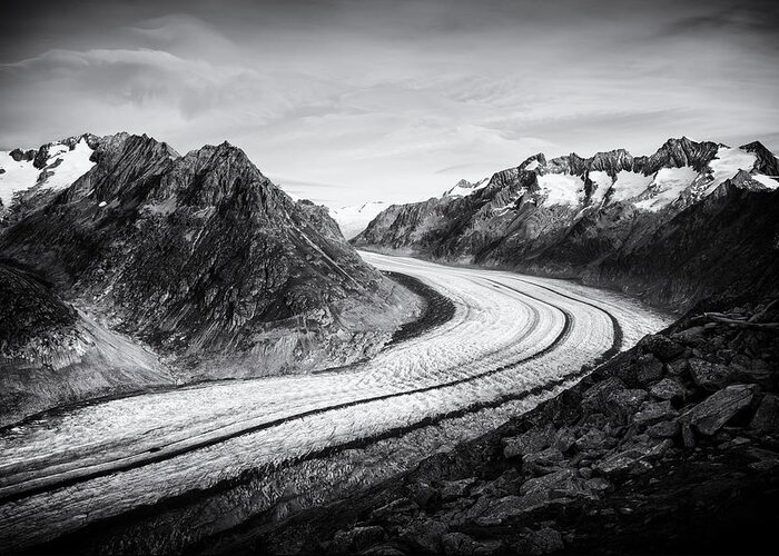 Aletsch Glacier Greeting Card featuring the photograph Great Aletsch Glacier Switzerland Black and White by Matthias Hauser