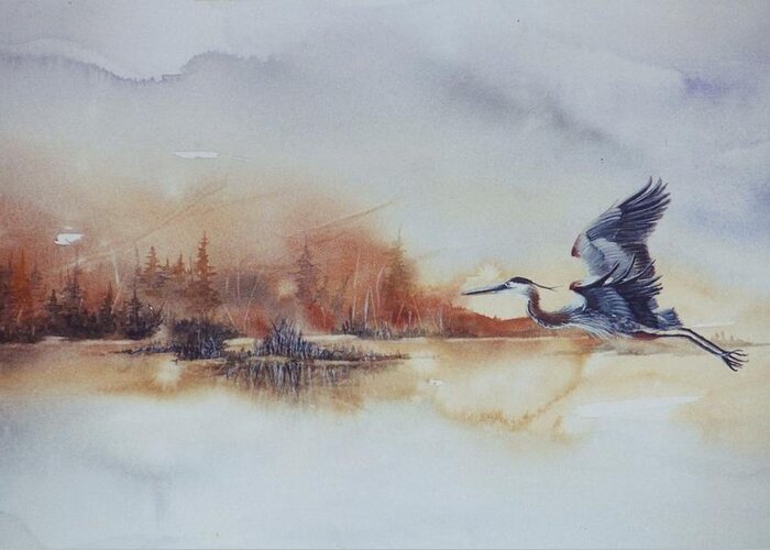 Great Blue Heron In Flight Wildlife Greeting Card featuring the painting Great Blue Heron by Lynne Parker