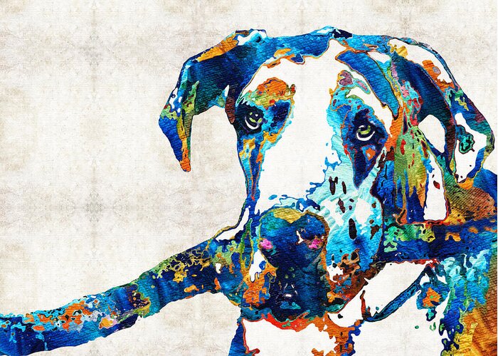 Great Dane Greeting Card featuring the painting Great Dane Art - Stick With Me - By Sharon Cummings by Sharon Cummings