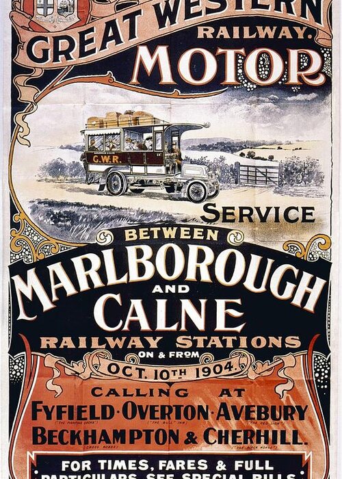 Western Greeting Card featuring the mixed media Great Western Railway Motor - Marborough and Calne - Retro travel Poster - Vintage Poster by Studio Grafiikka