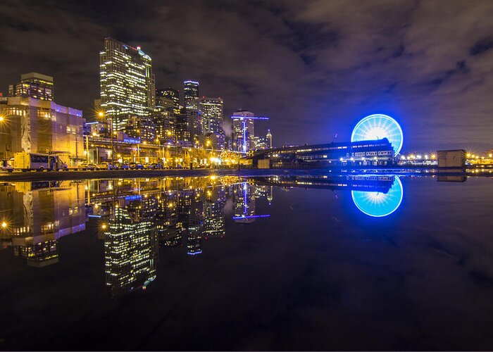 Seattle Greeting Card featuring the photograph Great Wheel Seattle City Reflection by Matt McDonald
