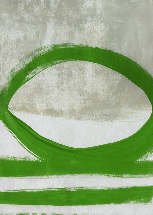 Abstract Greeting Card featuring the painting Green Abstract Circle Vertical- Art by Linda Woods by Linda Woods