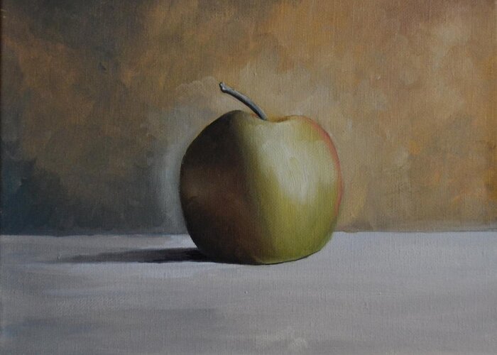 A Green Apple Sitting On A Light Gray Table. The Apple Has A Stem And Is Casting A Dark Shadow On The Table. The Background Is Multi-colors Of Gray Greeting Card featuring the painting Green Apple by Martin Schmidt