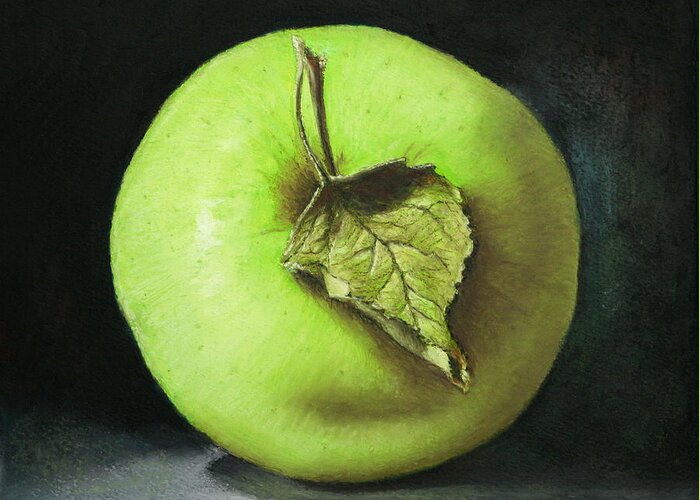 Oil Pastel Greeting Card featuring the painting Green Apple with Leaf by Marna Edwards Flavell