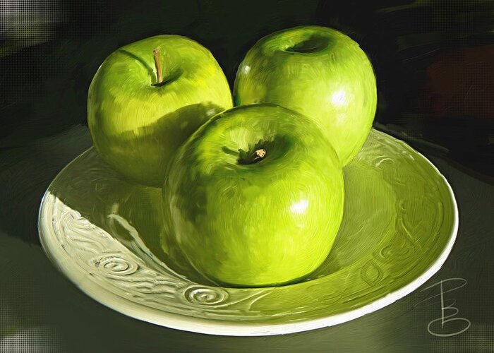 Apple Greeting Card featuring the digital art Green apples in a white bowl by Debra Baldwin