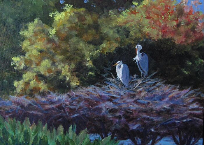 Heron Greeting Card featuring the painting Green Cay Family by Anne Marie Brown