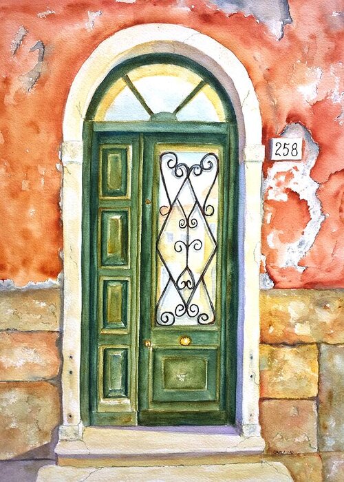 Door Greeting Card featuring the painting Green Door in Venice Italy by Carlin Blahnik CarlinArtWatercolor