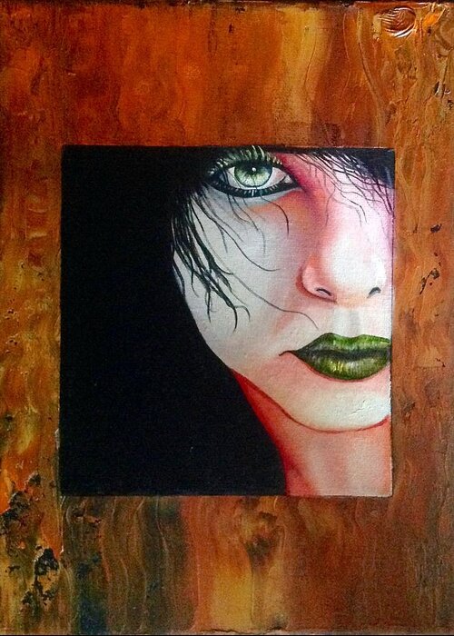 A Portrait Of A Green Eyed Lady Peering Through A Wooden Opening. She Has Green Lipstick And Green Eyelashes. She Has Black Hair Falling On Her Face. Greeting Card featuring the painting Green Eyed Lady by Martin Schmidt