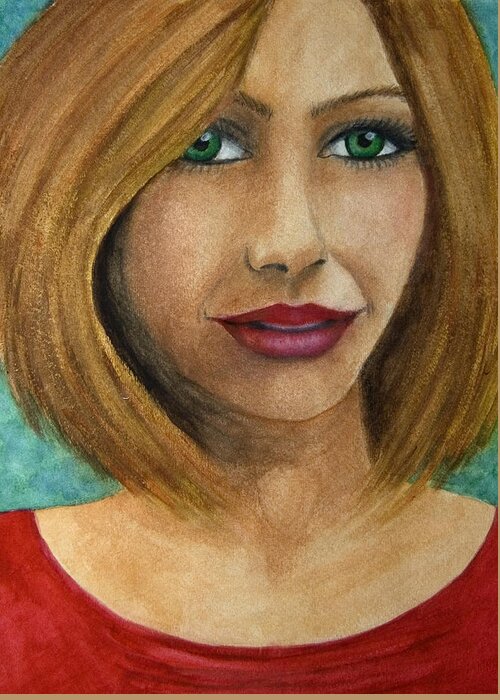 Green Eyed Woman Greeting Card featuring the painting Green Eyes by Barbara J Blaisdell