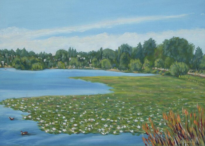 Landscape Greeting Card featuring the painting Green Lake Lilies by Stan Chraminski