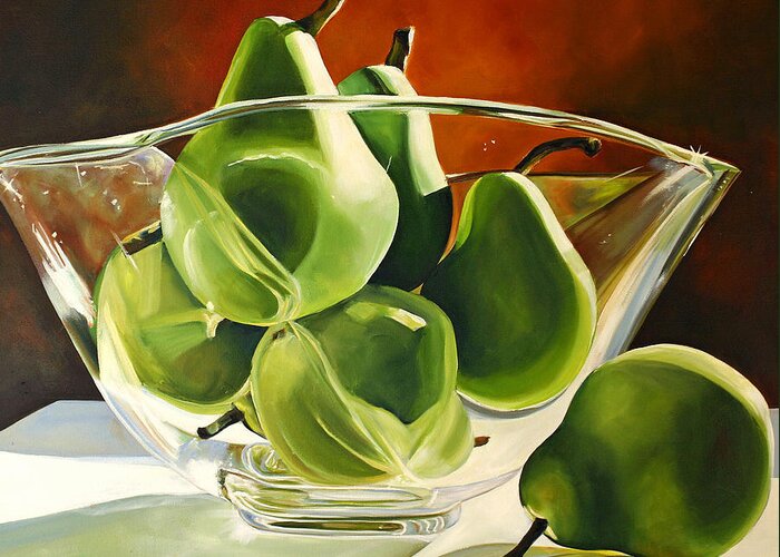 Pear Greeting Card featuring the painting Green Pears in Glass Bowl by Toni Grote