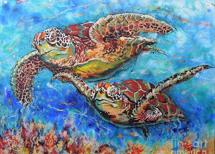 Marine Turtles Greeting Card featuring the painting Green Sea Turtles by Jyotika Shroff
