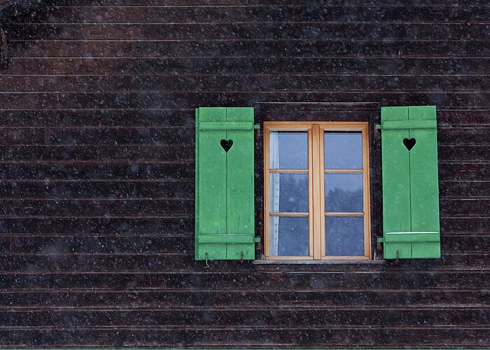Davos Switzerland Greeting Card featuring the photograph Green Shutters in the Snow by Art Block Collections