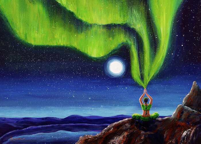 Meditation Greeting Card featuring the painting Green Tara Creating the Aurora Borealis by Laura Iverson