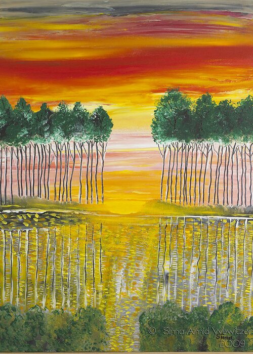 Landscape Greeting Card featuring the painting Green Trees at Horizon by Sima Amid Wewetzer