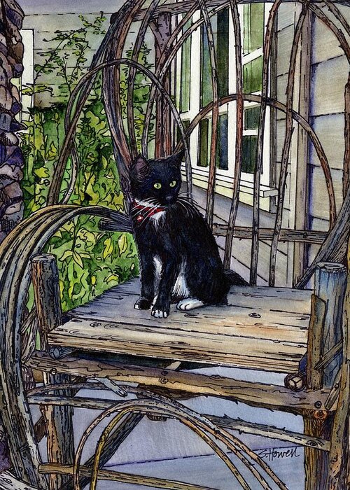 Black And White Cat Greeting Card featuring the painting Greeter At the Front Door #1 by Sandi Howell