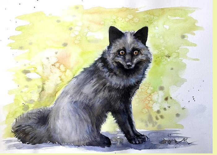 Animal Greeting Card featuring the painting Grey fox 2 by Katerina Kovatcheva