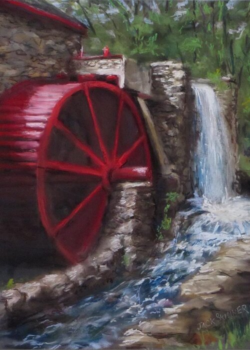 Longfellow's Gristmill Greeting Card featuring the painting Gristmill by Jack Skinner