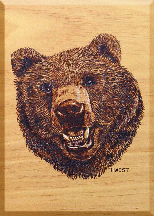 Bear Greeting Card featuring the pyrography Grizzly 5 by Ron Haist