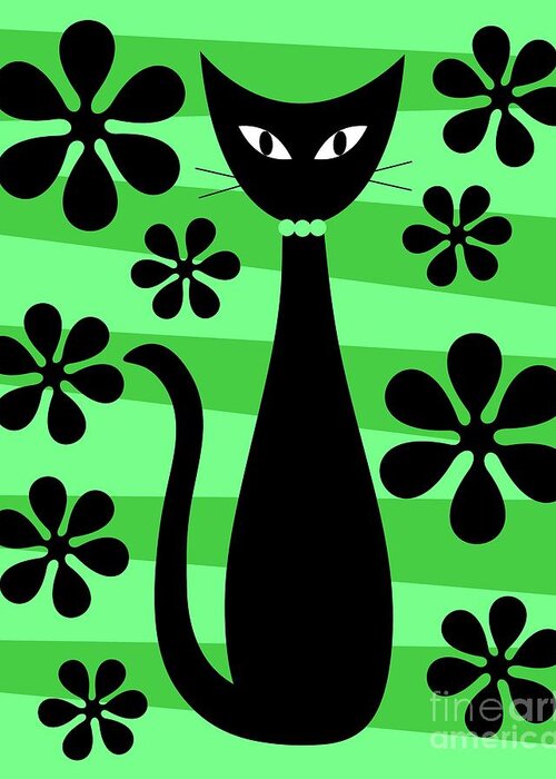 Donna Mibus Greeting Card featuring the digital art Groovy Flowers with Cat Green and Light Green by Donna Mibus
