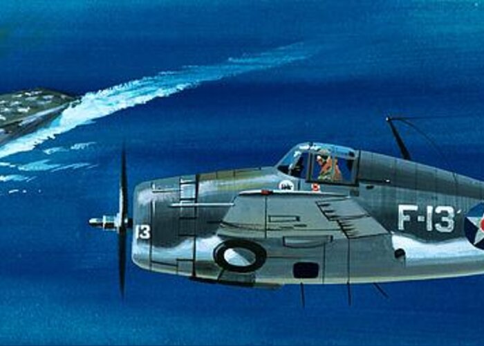 Aircraft; Aeroplane; Plane; Flying; Grumman F4rf-3 Wildcat; Grumman F6f-3 Hellcat; Chance Vought F4u-1a Corsair Greeting Card featuring the painting Grumman F4RF-3 Wildcat by Wilf Hardy