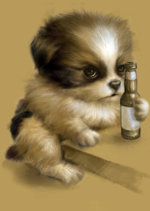 Chinese Chin Mix Greeting Card featuring the digital art Grumpy Puppy Needs a Beer by Vanessa Bates