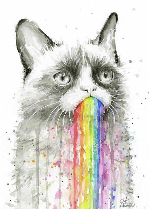Grumpy Greeting Card featuring the painting Grumpy Rainbow Cat by Olga Shvartsur