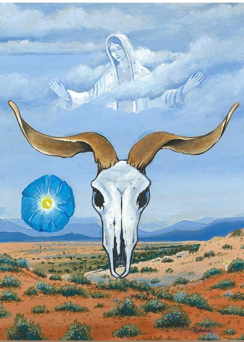 Guadalupe Greeting Card featuring the painting Guadalupe visits Georgia O'Keeffe by James RODERICK