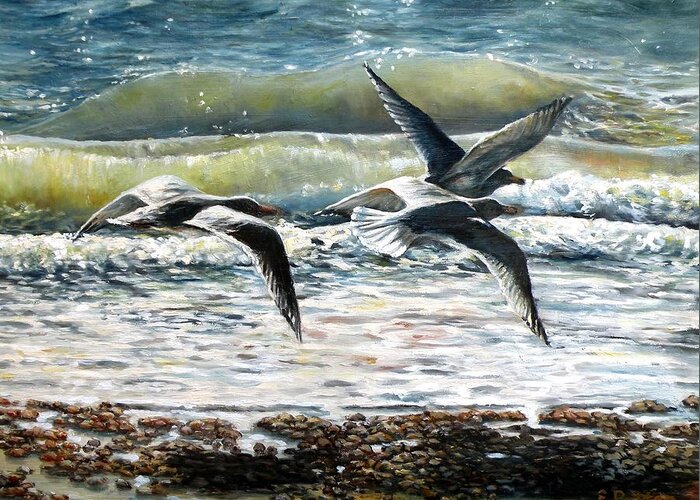 Gull Greeting Card featuring the painting Gulls At Pebble Beach, Rockport, MA by Eileen Patten Oliver